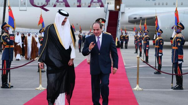 Katar Emiri Şeyh Temim bin Hamed Al Sani, resmi temaslarda bulunmak üzere gittiği Mısır'ın başkenti Kahire'de, Uluslararası Kahire Havalimanı'nda Mısır Cumhurbaşkanı Abdulfettah es-Sisi tarafından karşılandı. - Sputnik Türkiye