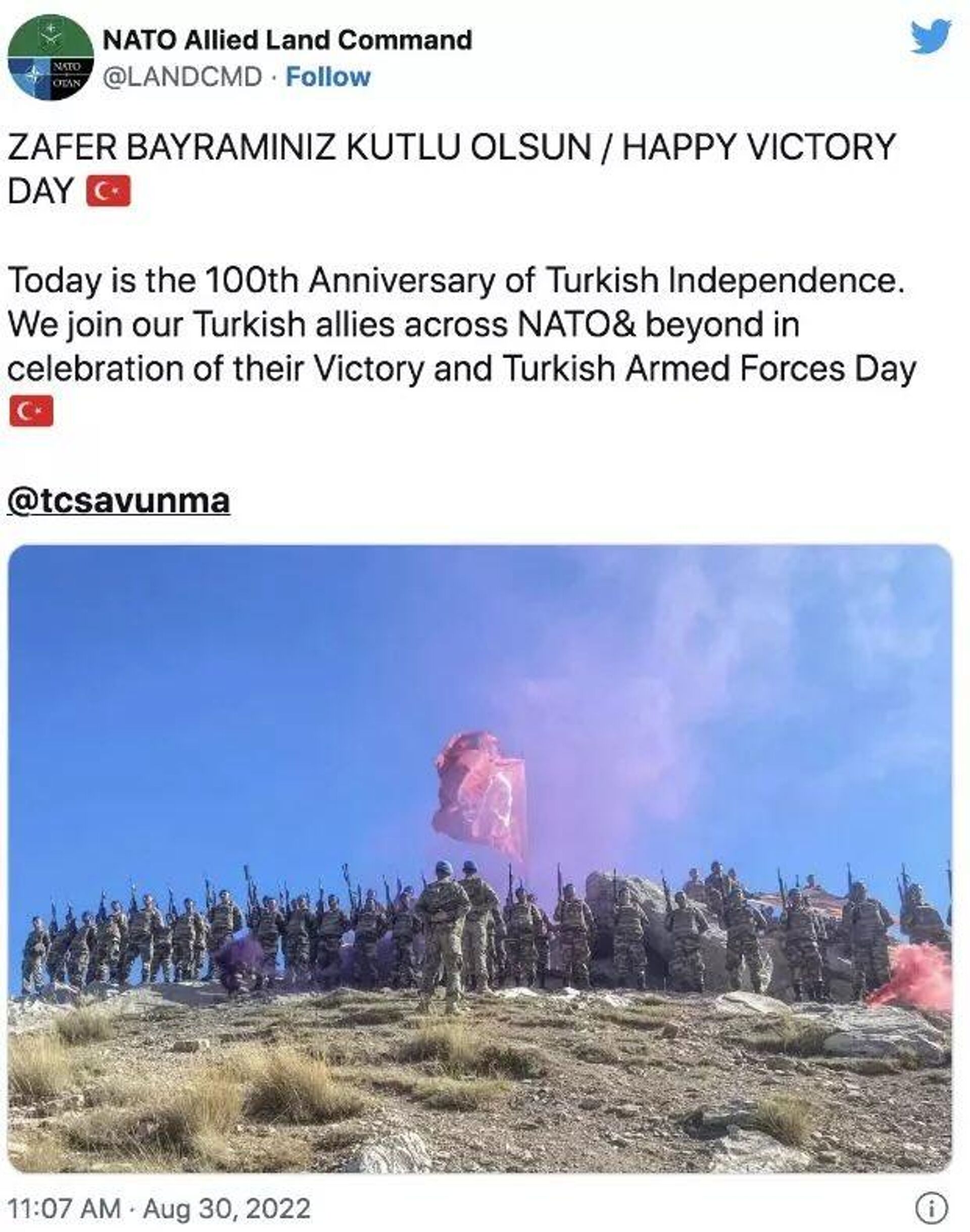 NATO Müttefik Kara Kuvvetleri Komutanlığı (LANDCOM), 30 Ağustos Zafer Bayramı'na ilişkin attığı tweet'ini sildi. - Sputnik Türkiye, 1920, 31.08.2022