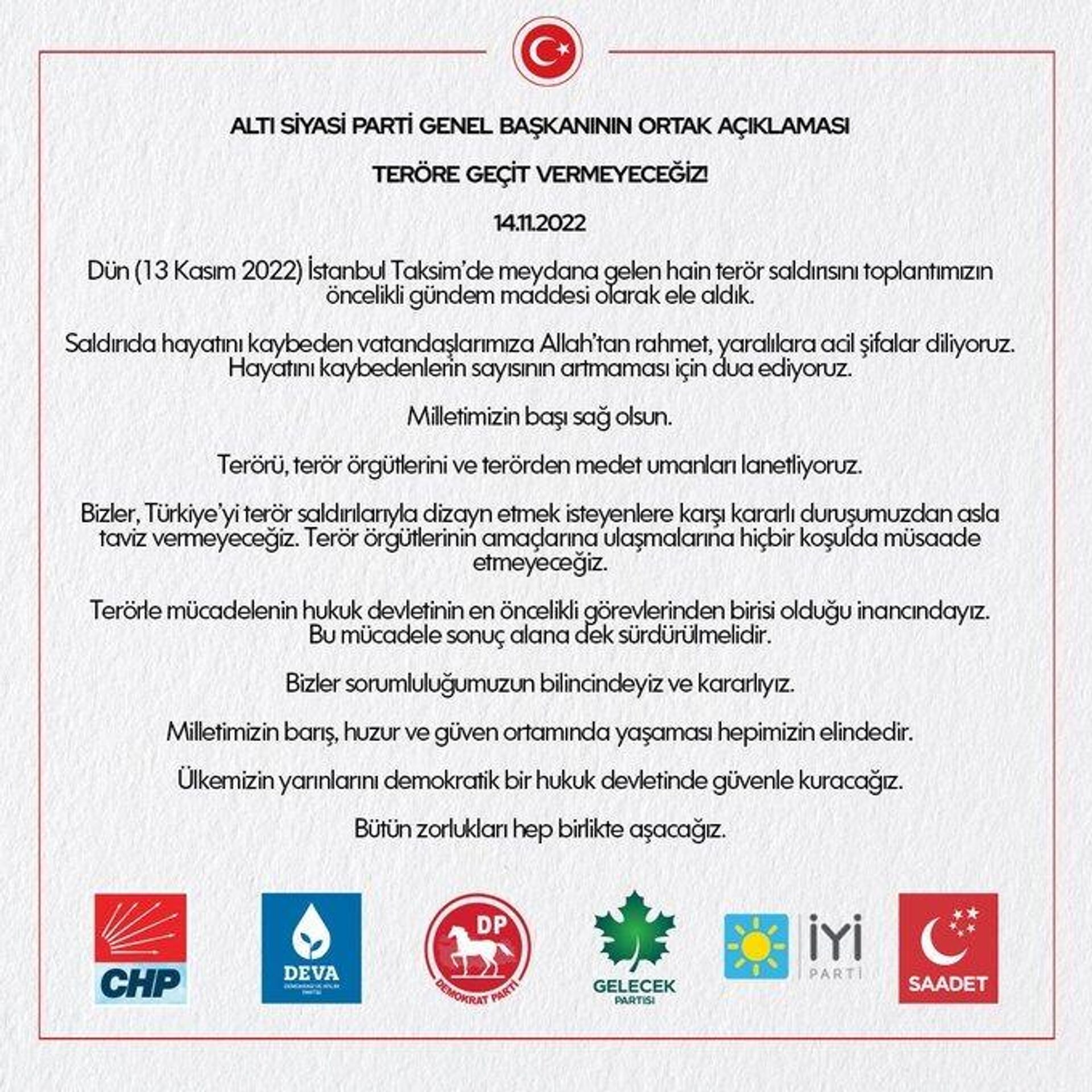 Altı muhalefet partisinin genel başkanlarından ortak açıklama: 'Teröre geçit vermeyeceğiz' - Sputnik Türkiye, 1920, 14.11.2022