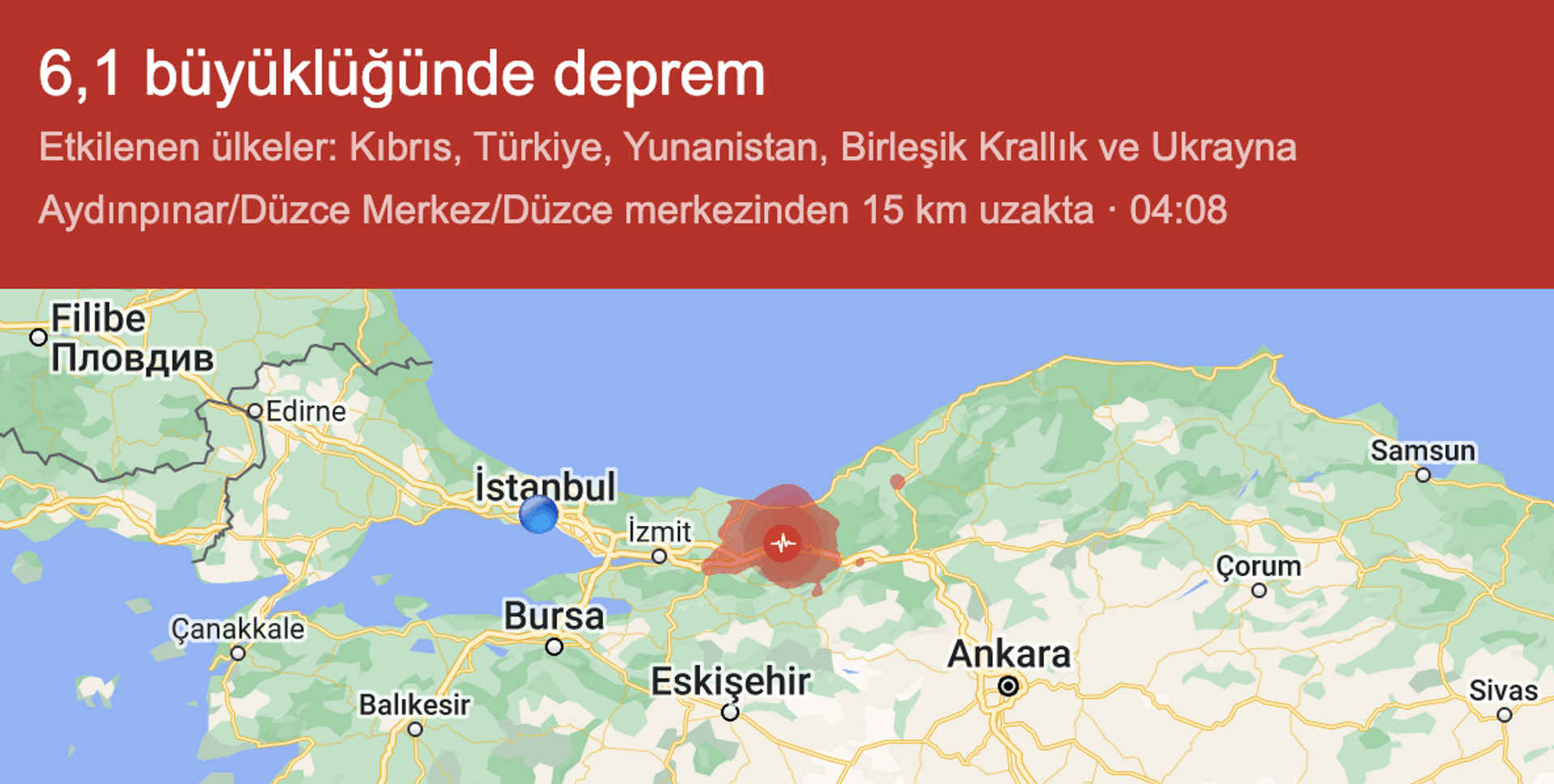 Merkez üssü Düzce'nin Gölyaka ilçesi olan 5.9 büyüklüğündeki depreme ilişkin Google'ın bilgilendirme sayfasında depremin İstanbul, Ankara ve İzmir gibi çevre illerin yanı sıra Bulgaristan, Kıbrıs, Yunanistan, Romanya, Birleşik Krallık ve Ukrayna'yı da etkilediği ileri sürüldü. - Sputnik Türkiye, 1920, 23.11.2022
