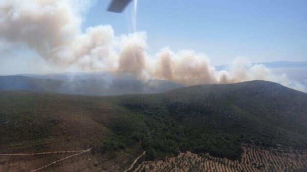 İzmir'in Çeşme ilçesindeki orman yangınına havadan ve karadan müdahale ediliyor. - Sputnik Türkiye