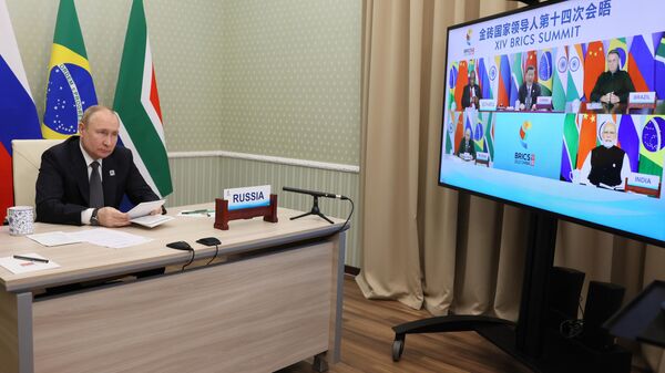 Russian President Vladimir Putin takes part in the XIV BRICS summit in virtual format via a video call, in Moscow region, Russia. - Sputnik Türkiye