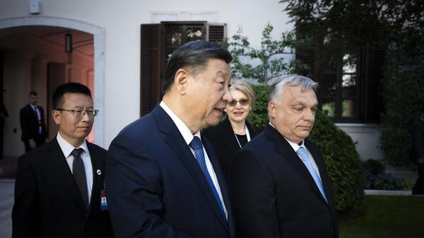 Chinese President Xi Jinping (L2) talks with Hungarian Prime Minister Viktor Orban (R) prior to their official talks in Carmelita Monastery, the prime minister's headquarter, at Buda Castle quarter in Budapest, Hungary on May 9, 2024. The Chinese President pays a three day official visit to Budapest between May 8 and 10, 2024 - Sputnik Türkiye