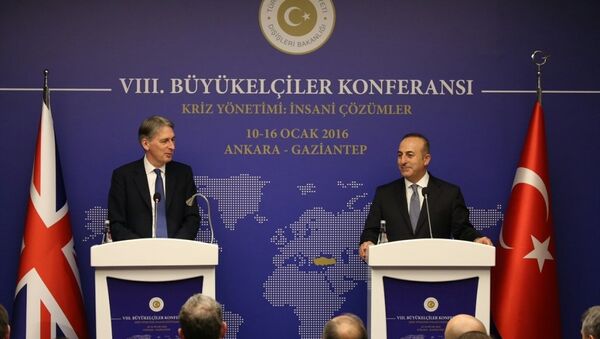 Dışişleri Bakanı Mevlüt Çavuşoğlu (sağda), 8. Büyükelçiler Konferansı'na katılmak üzere Ankara'ya gelen İngiltere Dışişleri Bakanı Philip Hammond ile bir araya geldi. - Sputnik Türkiye