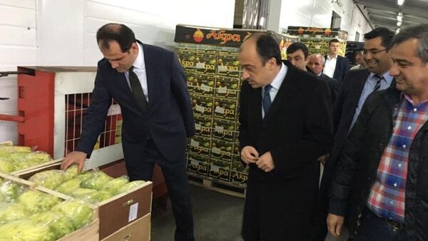 Gıda, Tarım ve Hayvancılık Bakanlığı Müsteşarı Dr. Nusret Yazıcı ve Türkiye'nin Moskova Büyükelçisi Ümit Yardım, Moskova'nın en büyük meyve ve sebze halı Food City'yi ziyaret etti. - Sputnik Türkiye