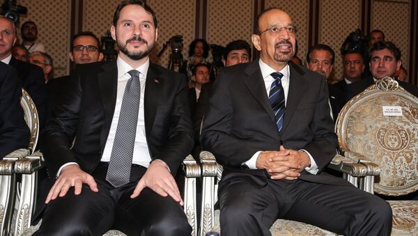 Enerji ve Tabii Kaynaklar Bakanı Berat Albayrak (solda) ile Suudi Arabistan Enerji Bakanı Al-Falih (sağda), Saudi Aramco ve 18 Türk şirketinin mutabakat zaptları imza törenine katıldı. - Sputnik Türkiye