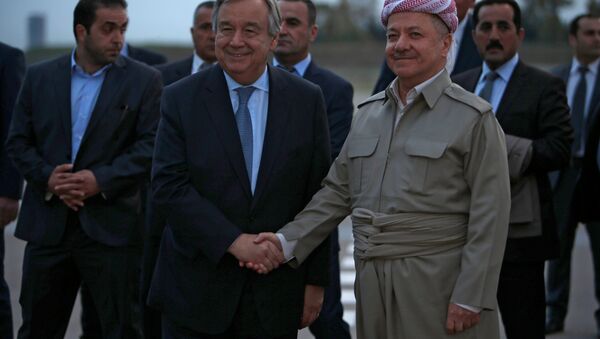 Irak Kürt Bölgesel Yönetimi Başkanı Mesut Barzani ve Birleşmiş Milletler Genel Sekreteri Antonio Guterres - Sputnik Türkiye