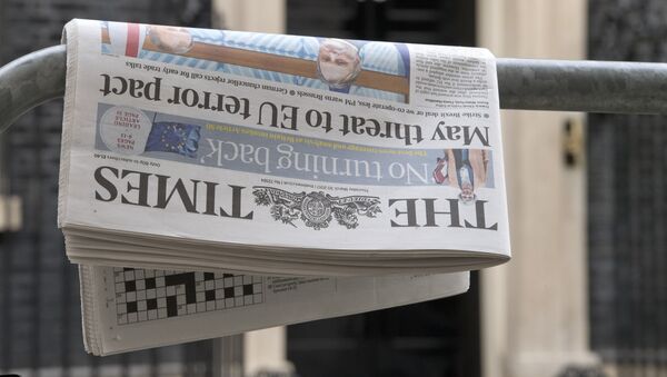 A copy of the March 30 edition of The Times newspaper with the headline May threat to EU terror pact is pictured outside 10 Downing Street in central London on March 30, 2017 - Sputnik Türkiye