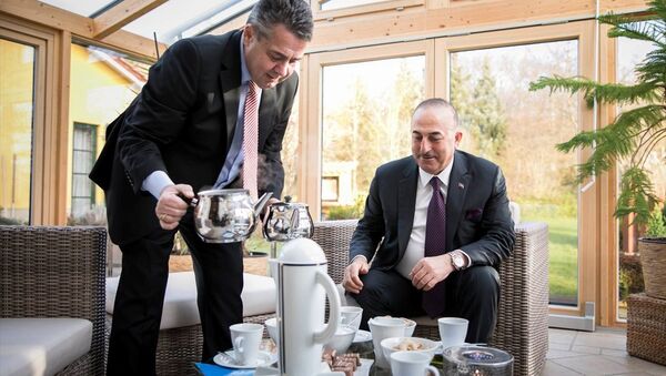Almanya Dışişleri Bakanı Sigmar Gabriel, evinde ağırladığı Dışişleri Bakanı Mevlüt Çavuşoğlu'na eliyle Türk çayı ikram etti - Sputnik Türkiye