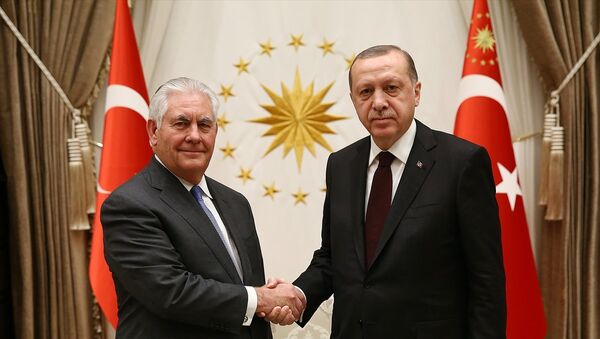 Cumhurbaşkanı Recep Tayyip Erdoğan, ABD Dışışleri Bakanı Rex Tillerson'ı Cumhurbaşkanlığı Külliyesi'nde kabul etti. - Sputnik Türkiye