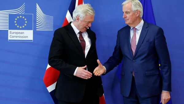 AB Komisyonu'nun Brexit Başmüzakerecisi Michel Barnier ve İngiltere Brexit Bakanı David Davis - Sputnik Türkiye