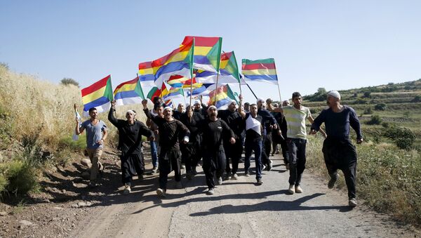 Dürziler ellerinde geleneksel bayraklarıyla Golan Tepeleri'ndeki İsrail-suriye sınırında protesto yürüyüşünde - Sputnik Türkiye