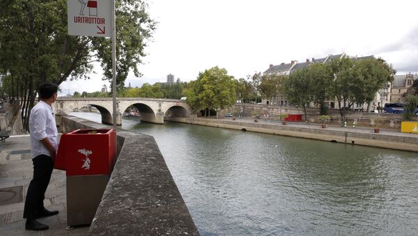 Paris'teki Ile Saint-Lois semtinde  Seine Irmağı kıyısına yerleştirilen kırmızı renkli ekolojik pisuar - Sputnik Türkiye