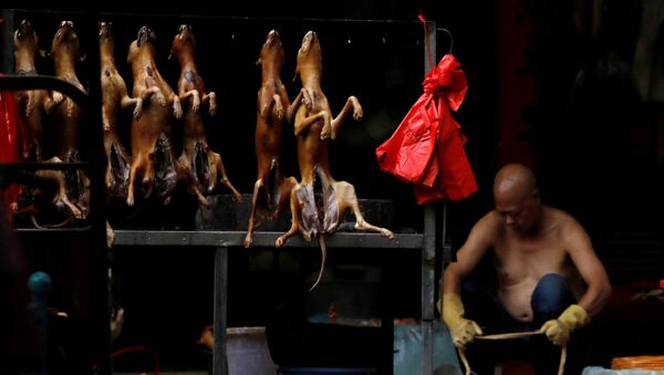  Çin'in Guangksi eyaletinin Yulin şehrindeki bir pazar yerinde kesimi yapılmış köpek eti tezgahı  - Sputnik Türkiye